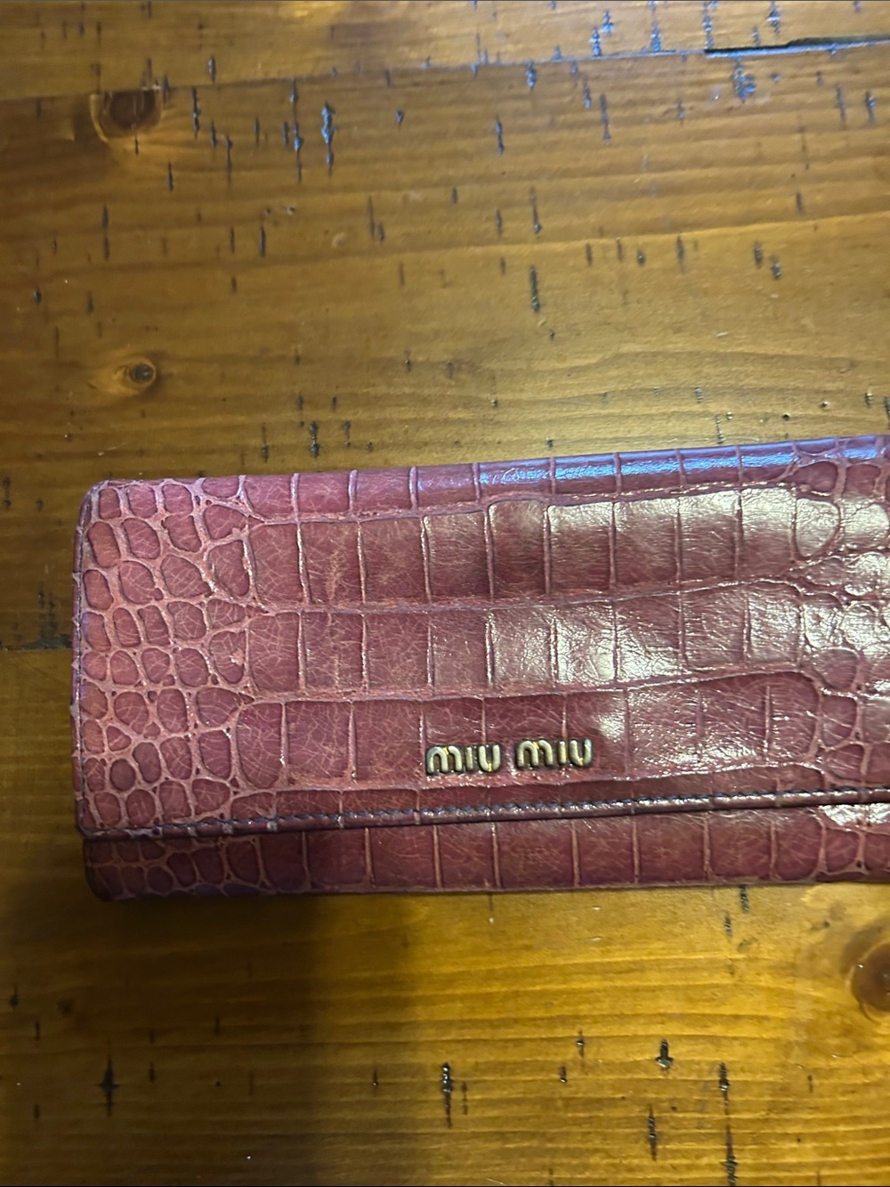 Miu Miu Croc-Embossed Leather Wallet in Plum